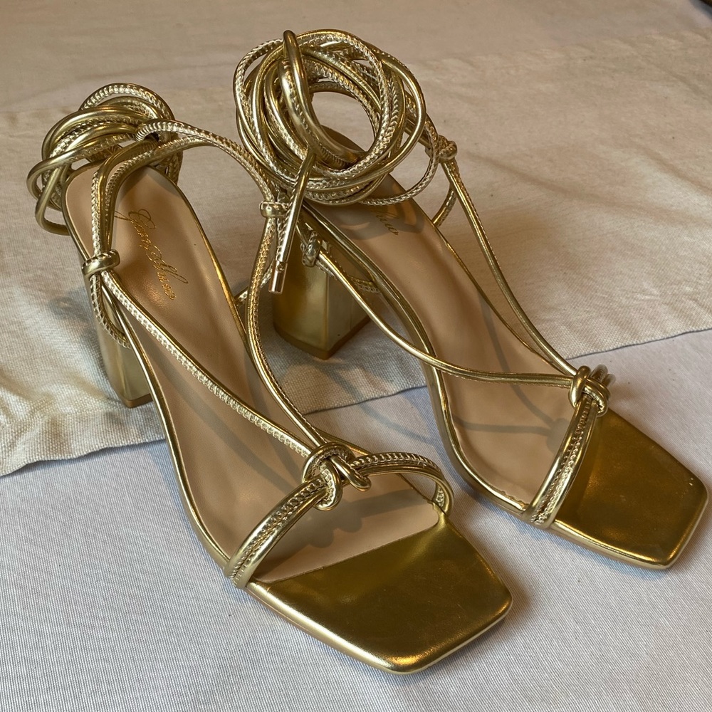 Gold Lace Up Strappy Block Heel